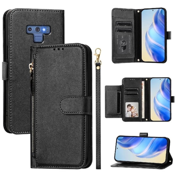 Filp Case for Samsung Galaxy Note 9 Zipper Pocket Magnetic Flip Wallet Phone Case with 7 Card Slots and Wrist Strap