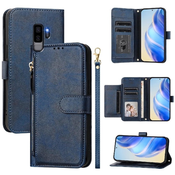 Filp Case for Samsung Galaxy S9 Plus Zipper Pocket Magnetic Flip Wallet Phone Case with 7 Card Slots and Wrist Strap
