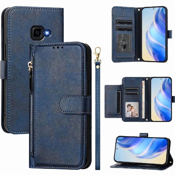 Filp Case for Samsung Galaxy Xcover 4/Xcover 4S Zipper Pocket Magnetic Flip Wallet Phone Case with 7 Card Slots and Wrist Strap