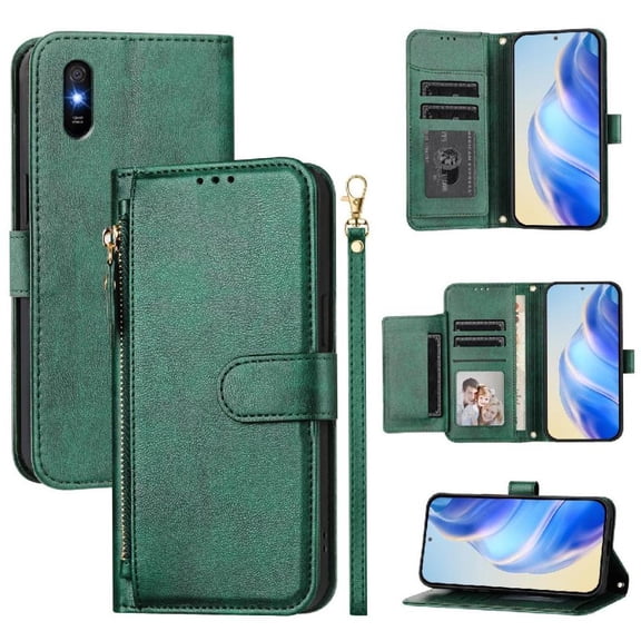 Filp Case for Xiaomi Redmi 9A/Redmi 9AT Zipper Pocket Magnetic Flip Wallet Phone Case with 7 Card Slots and Wrist Strap