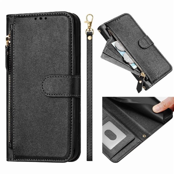 Filp Case for Xiaomi Redmi Note 14 4G Zipper Pocket Magnetic Flip Wallet Phone Case with 7 Card Slots and Wrist Strap