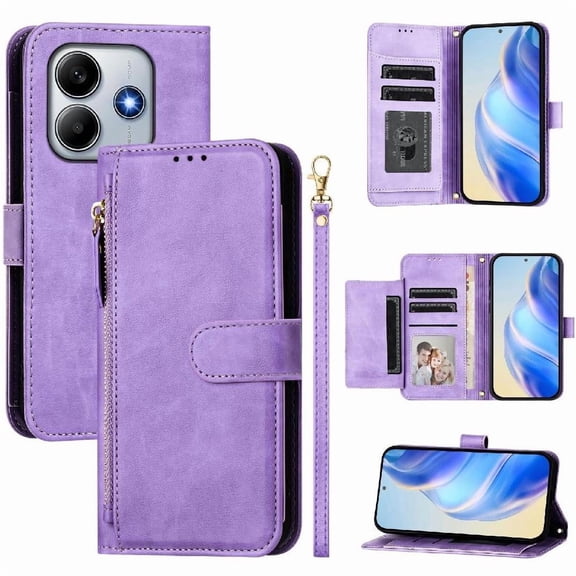 Filp Case for Xiaomi Redmi Note 14 4G Zipper Pocket Magnetic Flip Wallet Phone Case with 7 Card Slots and Wrist Strap