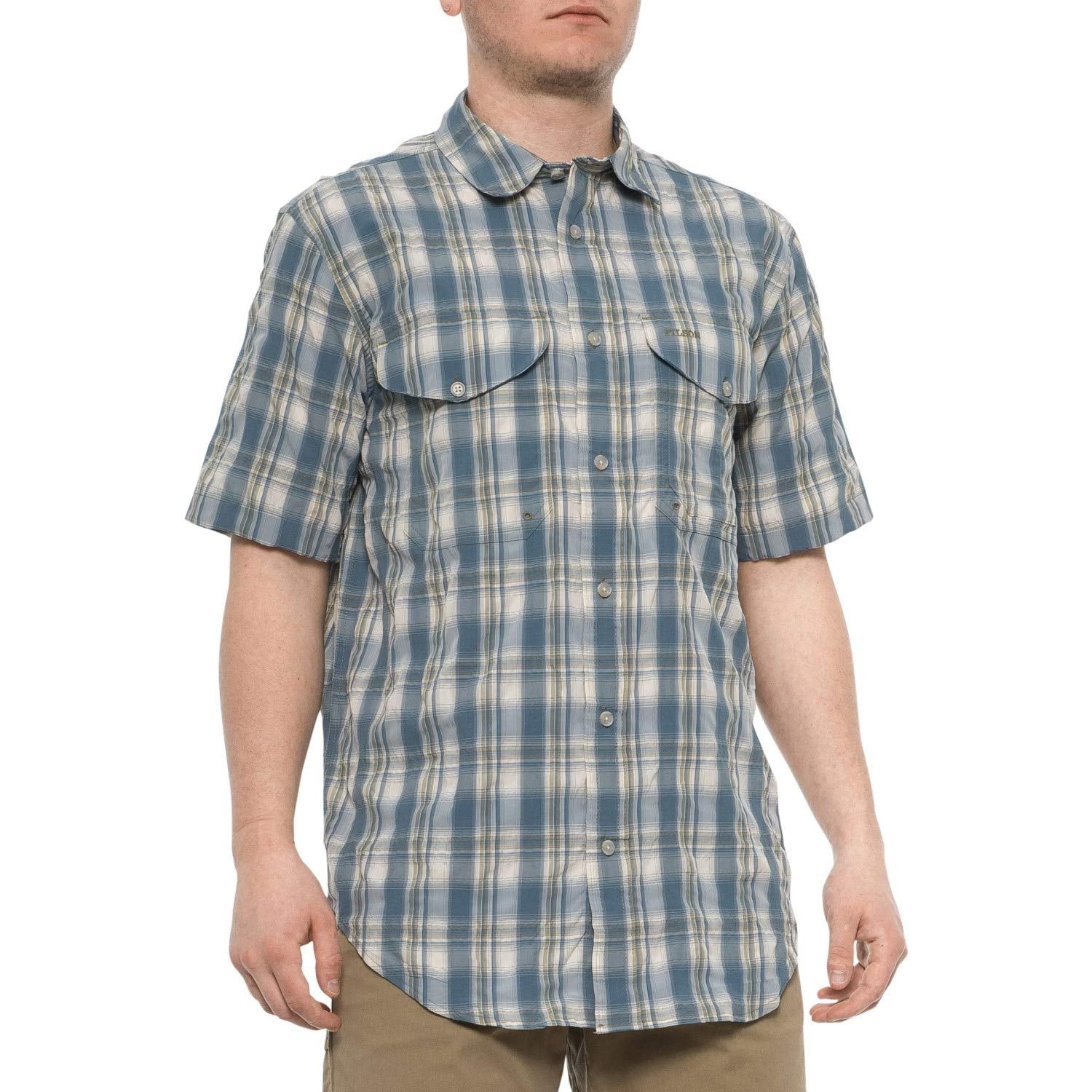 Filson Men's Short-Sleeve TWIN LAKES SPORT SHIRT (Blue/White/Moss Plaid) (X-Small, XS)