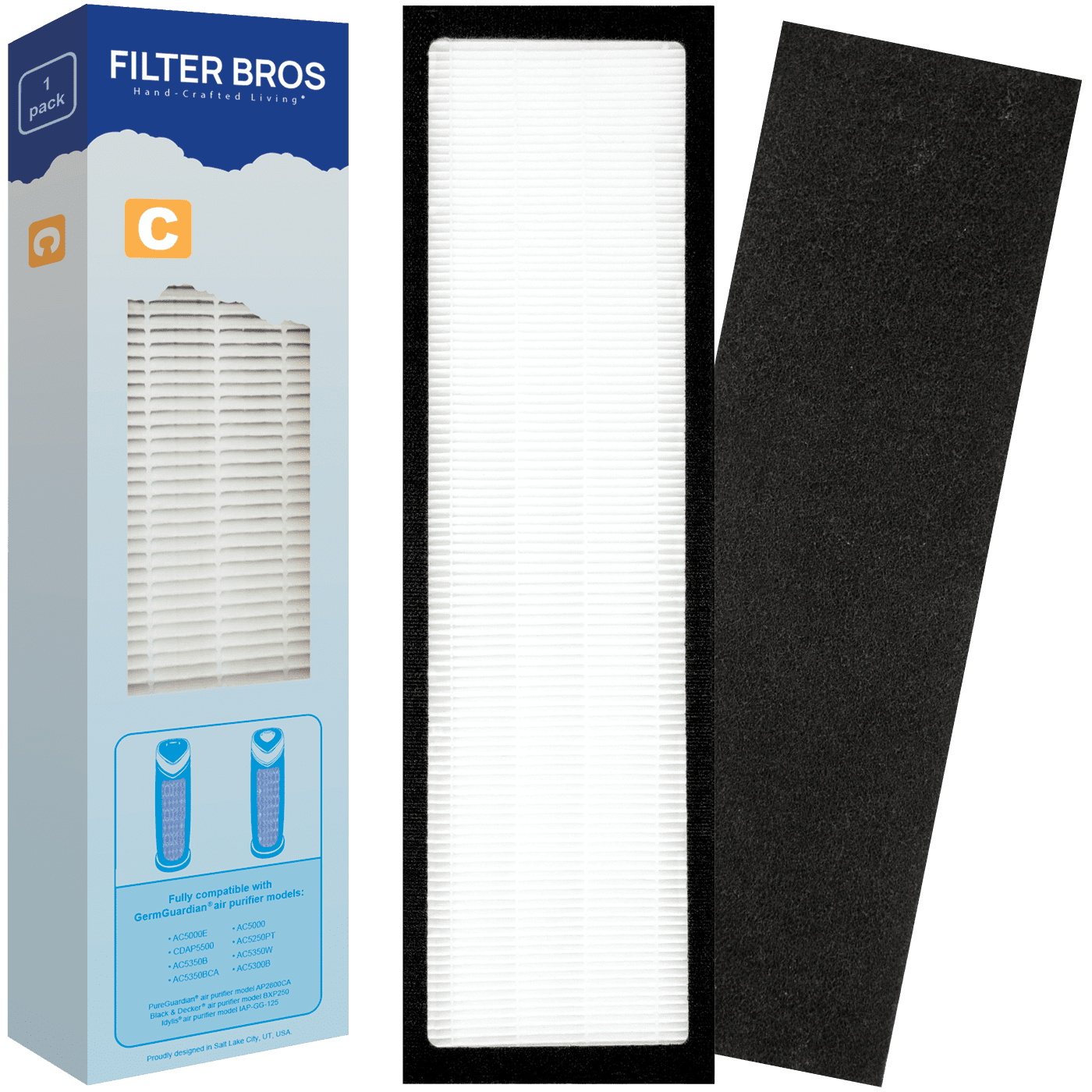 Filter Bros Filter C Compatible With GermGuardian FLT5000 - AC5000, AC5000E, HEPA Replacement For Home Air Cleaner Purifiers, AC5300B, AC5250PT With Technologies and AC5350B, AC5350BCA, AC5350W, AC530
