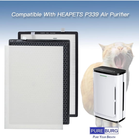 Filter Compatible With HEAPETS P339 Purifier # MPHELW-P339, 2-Pack H13 HEPA + Activated Carbon Filter + Pre-Filters x 8 Clean Dust VOCs Odor