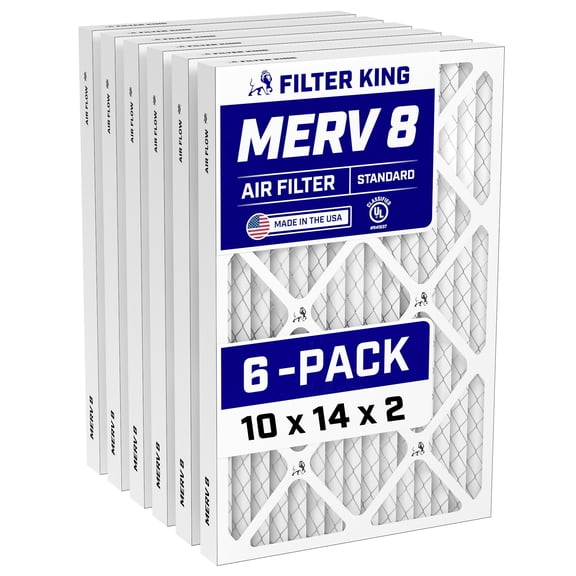 Filter King 10x14x2 Air Filter (MERV 8) (6-Pack) Dust & Allergy Control AC Furnace Filters, MADE IN USA, HVAC, Pleated, Electrostatic (Actual Size: 10 x 14 x 1.75)