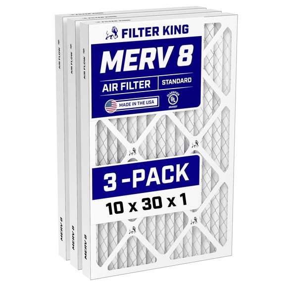 Filter King 10x30x1 Air Filter (MERV 8) (3-Pack) Dust & Allergy Control AC Furnace Filters, MADE IN USA, HVAC, Pleated, Electrostatic (Actual Size: 9.5 x 29.5 x .75)