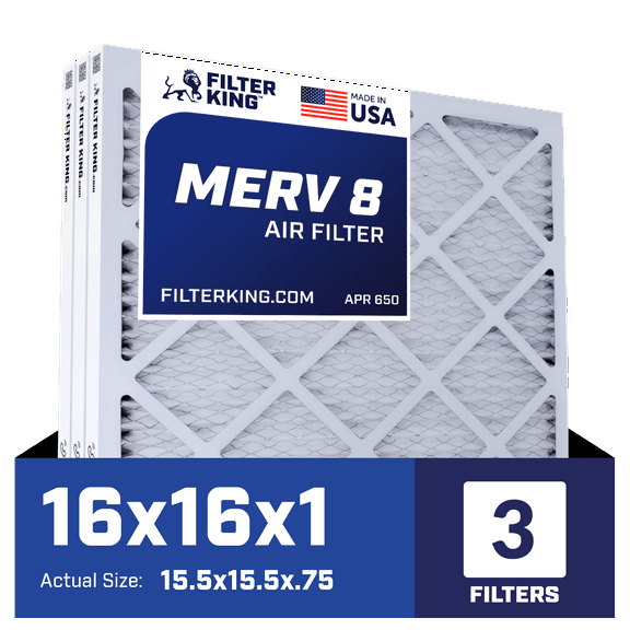Filter King 16x16x1 Air Filter | 3-PACK | MERV 8 HVAC Pleated A/C Furnace Filters | MADE IN USA | Actual Size: 15.5 x 15.5 x .75"