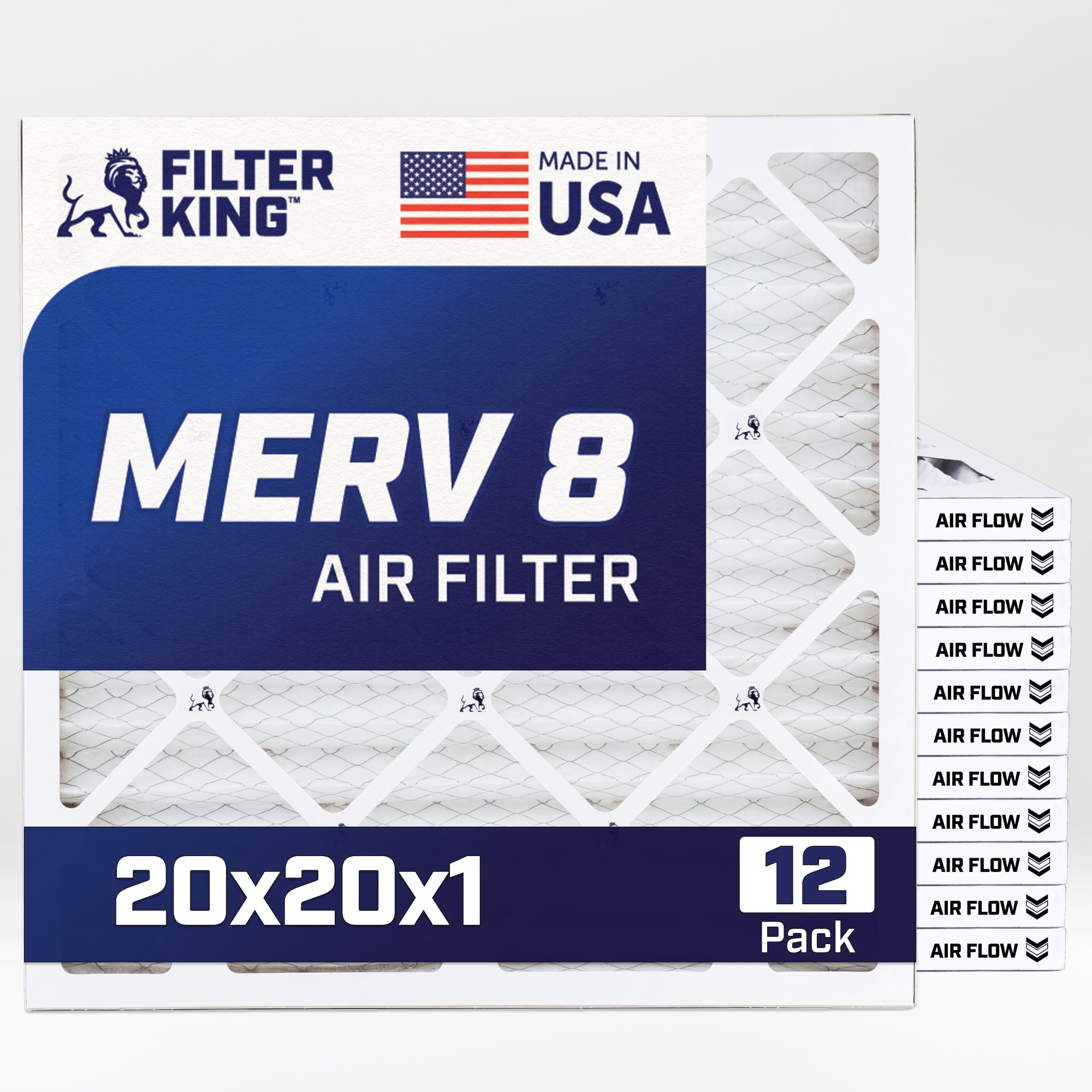 Filter King 20x20x1 Air Filter | 12-PACK | MERV 8 HVAC Pleated A/C Furnace Filters | MADE IN USA | Actual Size: 19.5 x 19.5 x .75"