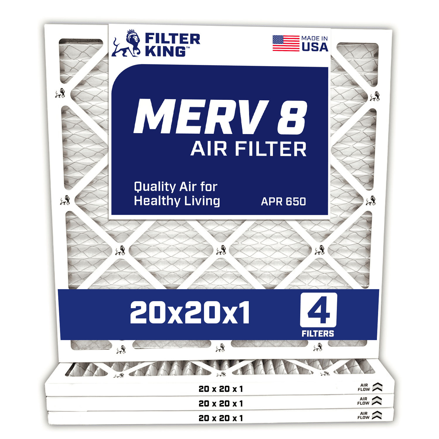 Filter King 20x20x1 Air Filter | 4-PACK | MERV 8 HVAC Pleated A/C Furnace Filters | MADE IN USA | Actual Size: 19.5 x 19.5 x .75"