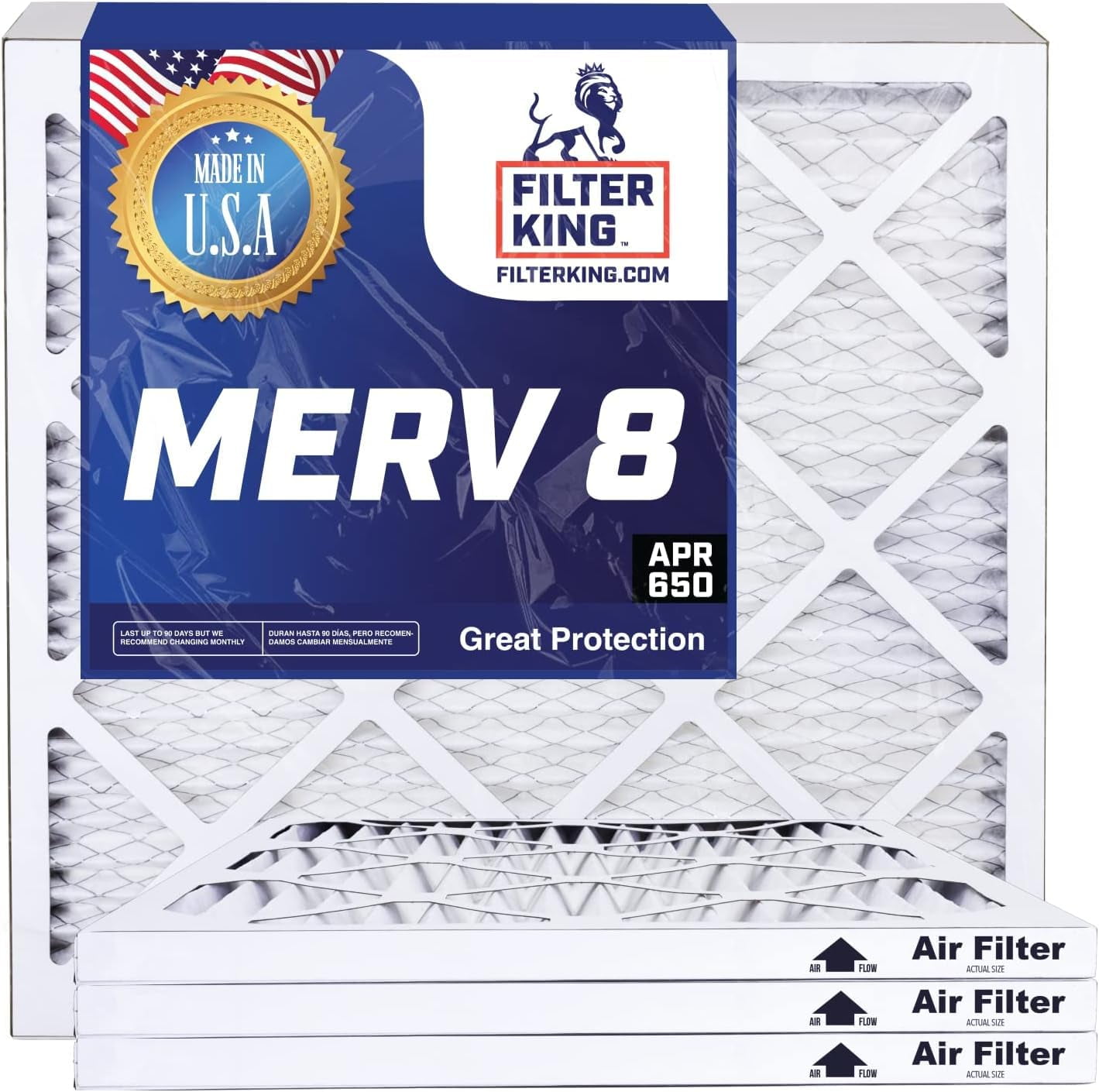 Filter King 20x25x1 Air Filter | 3-PACK | MERV 8 HVAC Pleated A/C Furnace Filters | MADE IN USA | Actual Size: 19.5 x 24.5 x .75"