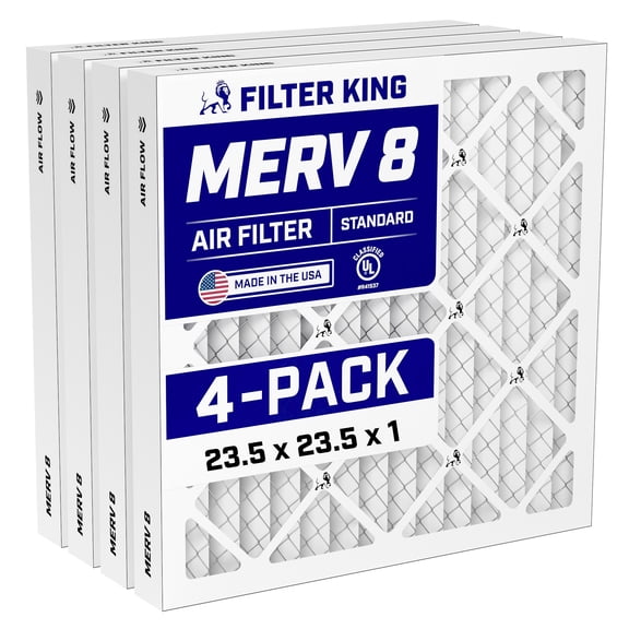 Filter King 23.5x23.5x1 Air Filter (MERV 8) (4-Pack) Dust & Allergy Control AC Furnace Filters, MADE IN USA, HVAC, Pleated, Electrostatic (Actual Size: 23.5 x 23.5 x .75)