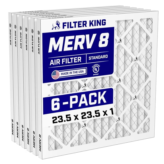 Filter King 23.5x23.5x1 Air Filter (MERV 8) (6-Pack) Dust & Allergy Control AC Furnace Filters, MADE IN USA, HVAC, Pleated, Electrostatic (Actual Size: 23.5 x 23.5 x .75)