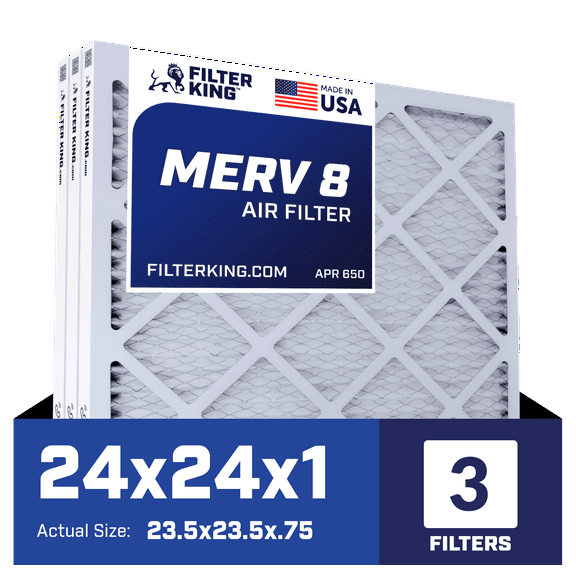 Filter King 24x24x1 Air Filter | 3-PACK | MERV 8 HVAC Pleated A/C Furnace Filters | MADE IN USA | Actual Size: 23.5 x 23.5 x .75"