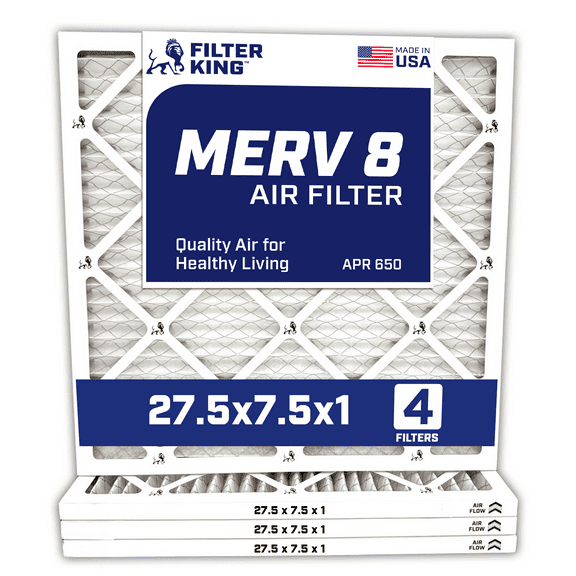 Filter King 27.5x7.5x1 Air Filter | 4-PACK | MERV 8 HVAC Pleated A/C Furnace Filters | MADE IN USA | Actual Size: 27.5 x 7.5 x .75"