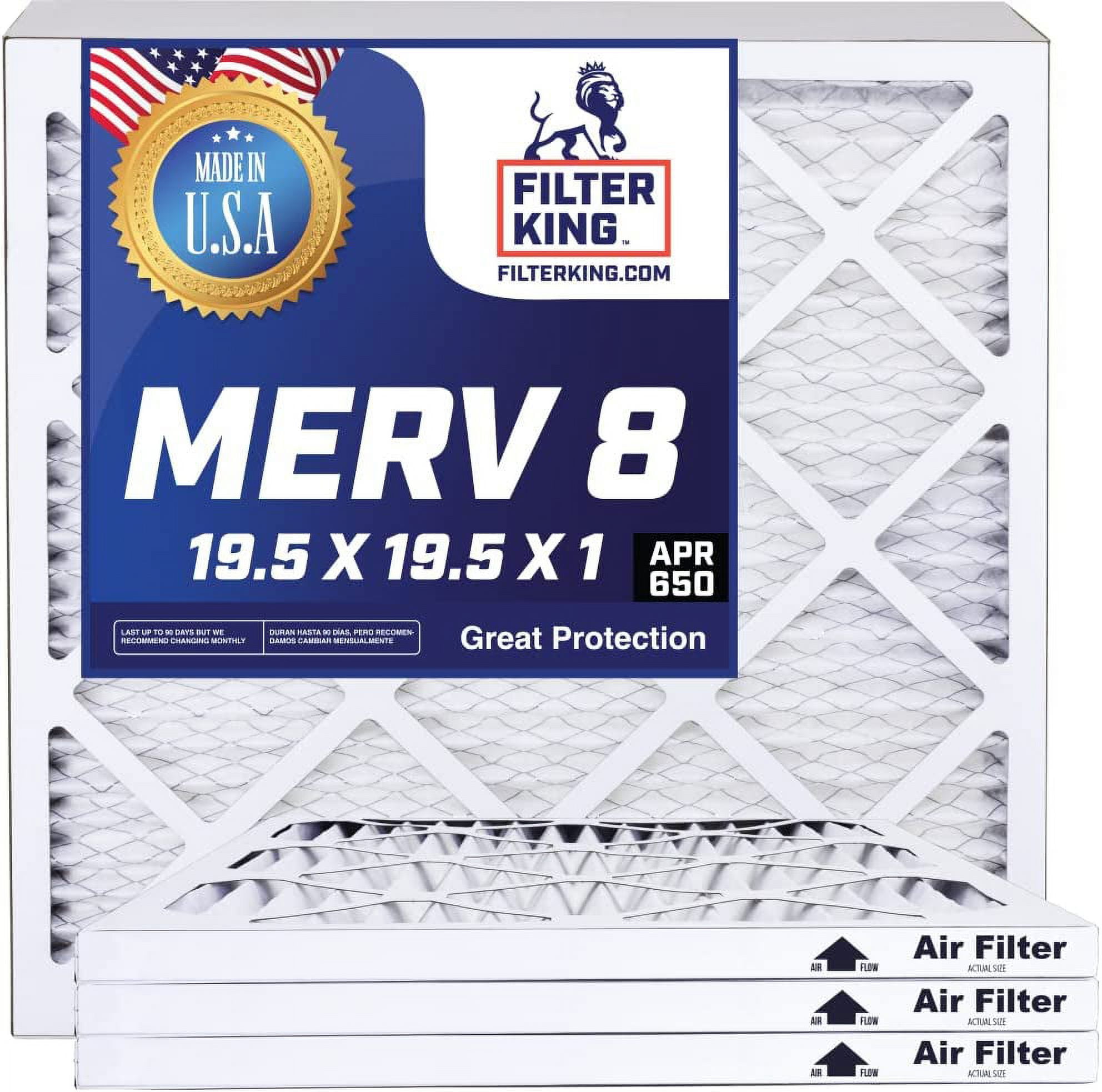 Filter King Air Filters 19.5x19.5x1 4PACK MERV 8 HVAC Pleated AC