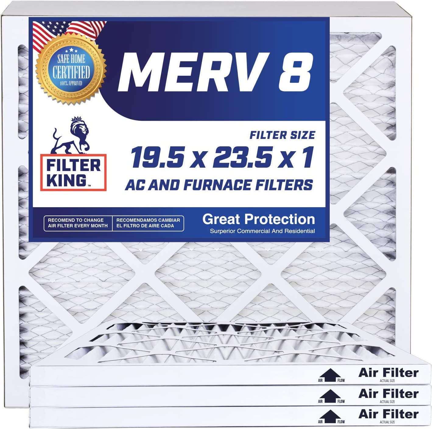 Filter King Air Filters 19.5x23.5x1 4PACK MERV 8 HVAC Pleated AC