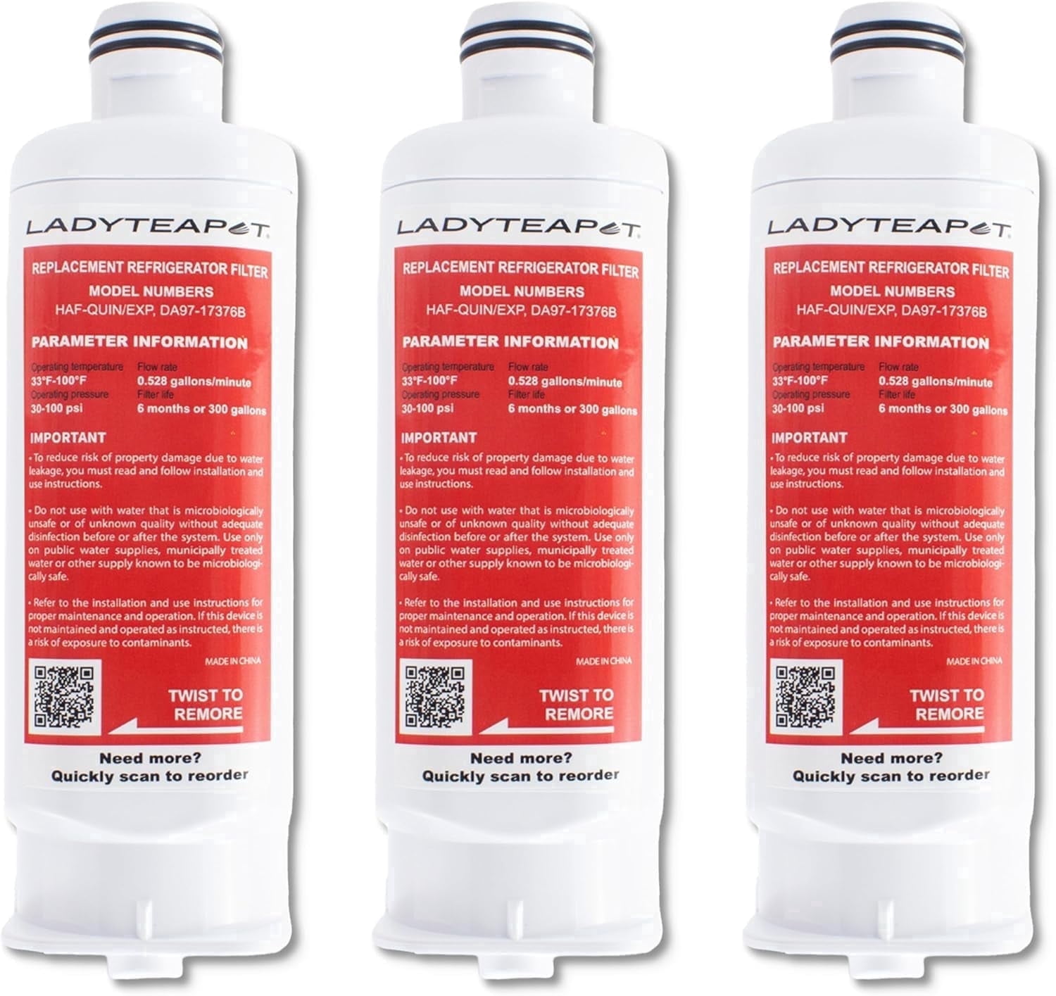 LADYTEAPOT DA97-17376B Replacement for Samsung® HAF-QIN/EXP, DA97-08006C, RF28R7201SR, RF28R7351SG, WD-F45, Refrigerator Water Filter (3 Pack)