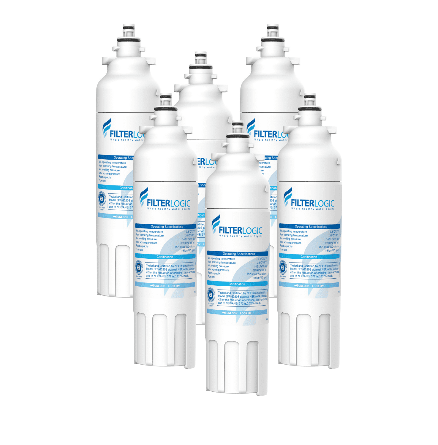 FilterLogic ADQ73613401 Refrigerator Water Filter, Replacement for LG LT800P, ADQ73613402, ADQ73613408, ADQ75795104, Kenmore 9490, 46-9490, LSXS26326S, LMXC23746S, LMXC23746D (Pack of 6)