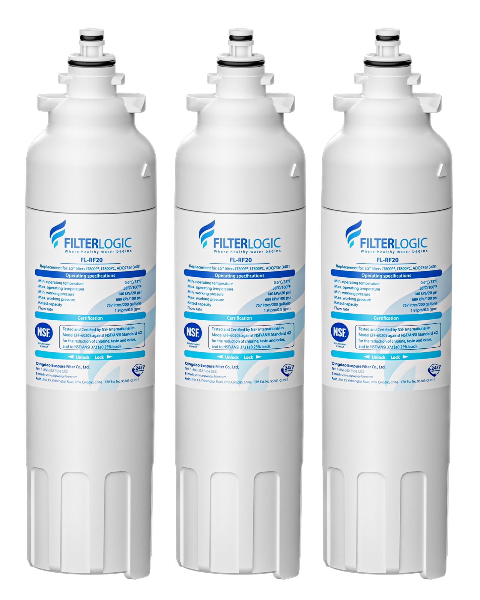 Filterlogic ADQ73613401 Refrigerator Water Filter, Replacement for LG® LT800P®, LT800PC, ADQ736134, ADQ73613402, LSXS26326S, LSXS26366S, LMXS30776S, LSXS26366D, LMXC23746S, 46-9490, 469490, Pack of 3