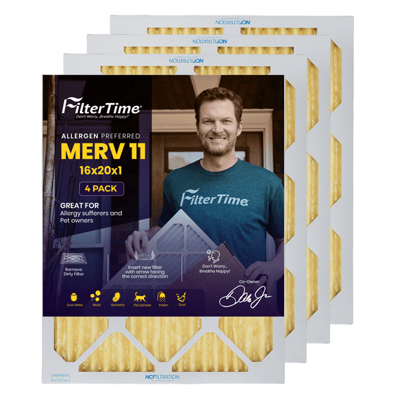 FilterTime 16x20x1 High Quality Pleated Air Filter, MERV 11, Allergen HVAC Furnace Air Filter, 4-Pack