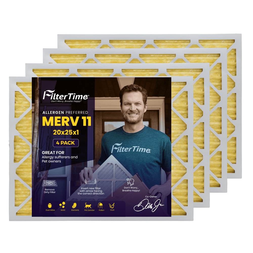 FilterTime 20x25x1 Pleated Air Filter, MERV 11, Allergen Preferred HVAC Furnace Air Filter, 4-Pack, Made in USA