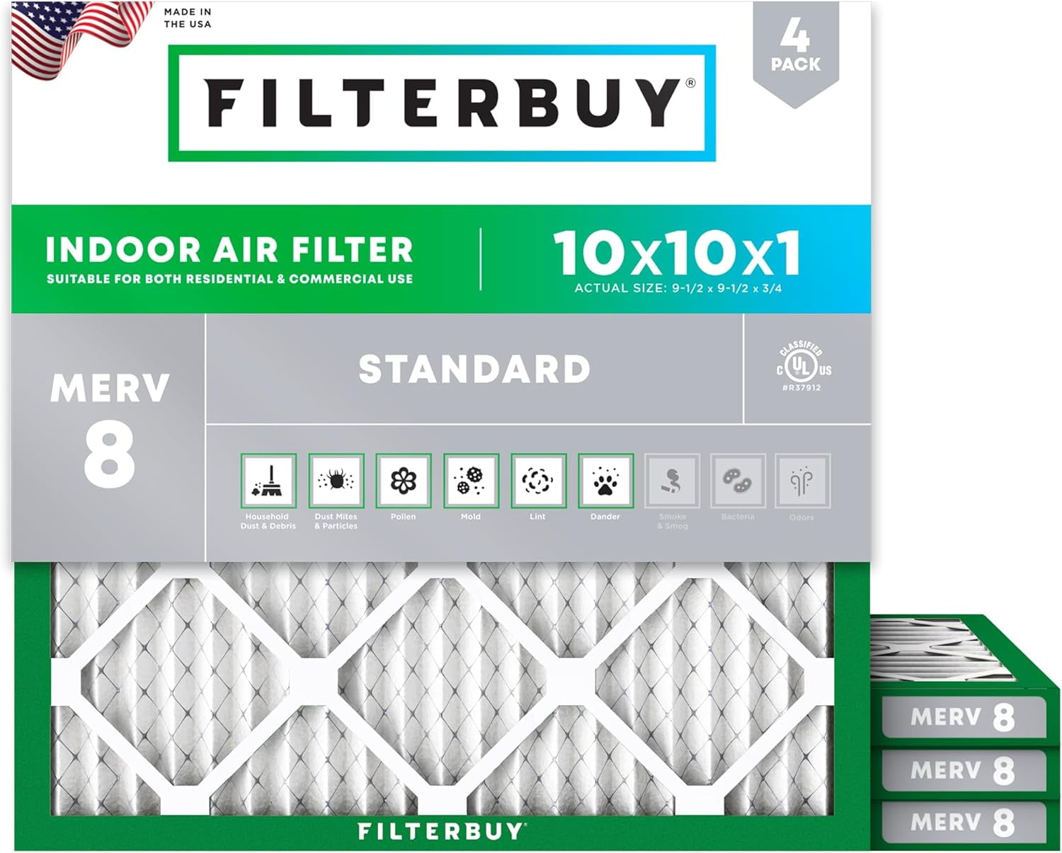 Filterbuy 10x10x1 Air Filter MERV 8 Dust Defense, Pleated HVAC AC Furnace Filter Replacement, 4-Pack