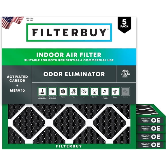 Filterbuy 10x10x1 Air Filter MERV 10 Odor Defense, Pleated HVAC AC Furnace Filter Replacement, 5-Pack
