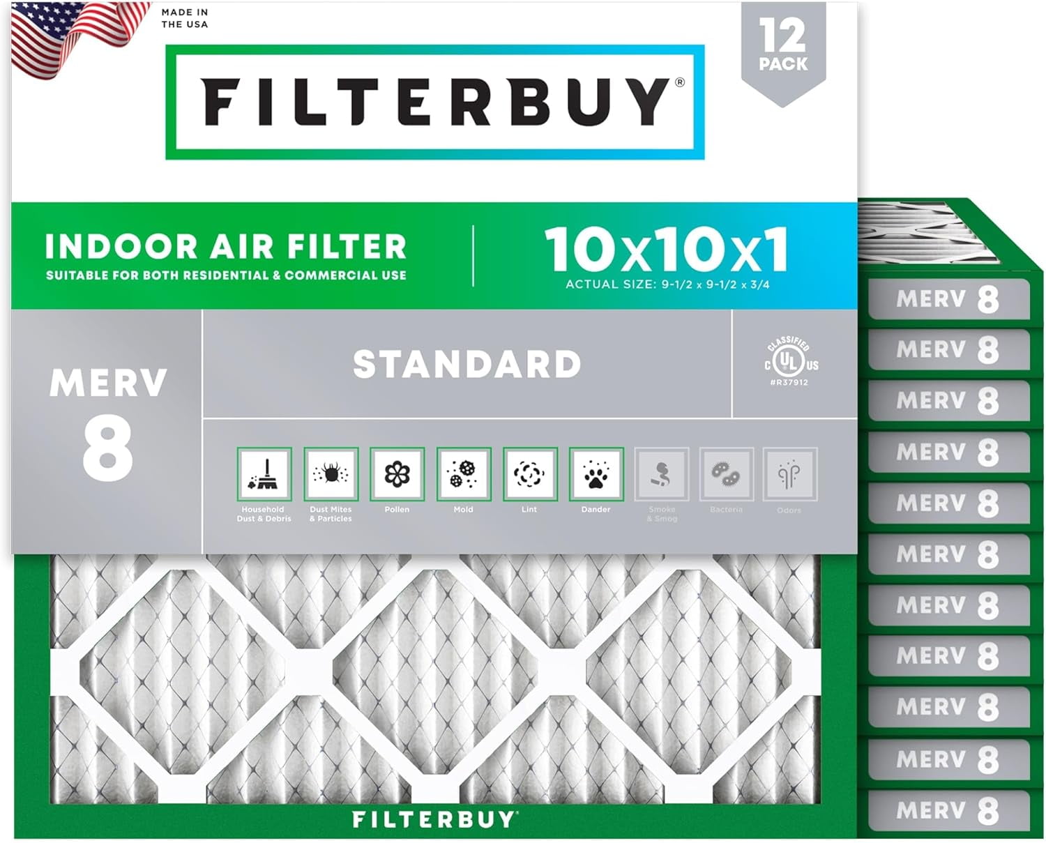 Filterbuy 10x10x1 Air Filter MERV 8 Dust Defense, Pleated HVAC AC Furnace Filter Replacement, 12-Pack