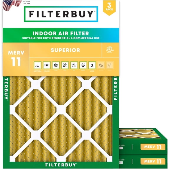 Filterbuy 10x15x2 Air Filter MERV 11 Allergy Defense, Pleated HVAC AC Furnace Filter Replacement, 3-Pack