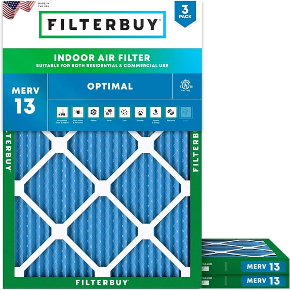 Filterbuy 10x16x1 MERV 13 Health Defense, Pleated HVAC AC Furnace Air Filters (3-Pack)
