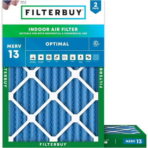 Filterbuy 10x16x2 Air Filter MERV 13 Smoke Defense, Pleated HVAC AC Furnace Filter Replacement, 2-Pack