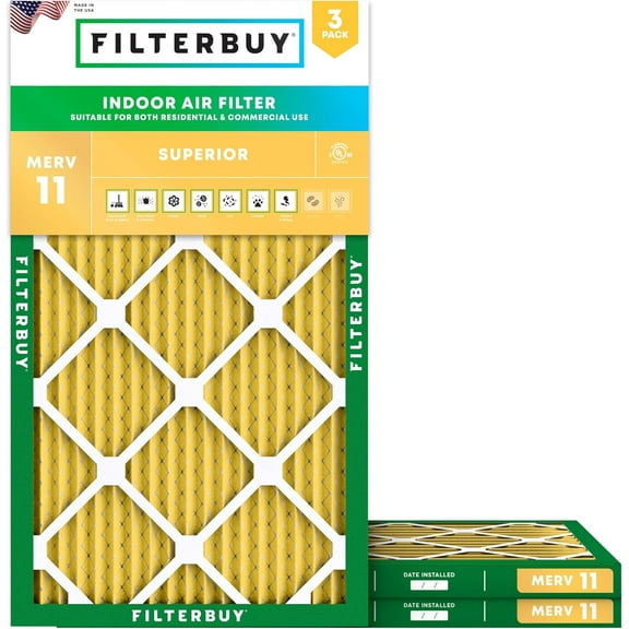 Filterbuy 10x22x1 Air Filter MERV 11 Allergy Defense, Pleated HVAC AC Furnace Filter Replacement, 3-Pack