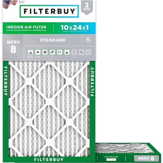 Filterbuy 10x24x1 MERV 8 Dust Defense, Pleated HVAC AC Furnace Air Filters (2-Pack)