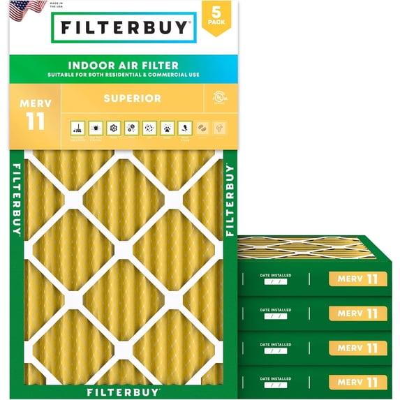 Filterbuy 10x25x2 Air Filter MERV 11 Allergy Defense, Pleated HVAC AC Furnace Filter Replacement, 5-Pack