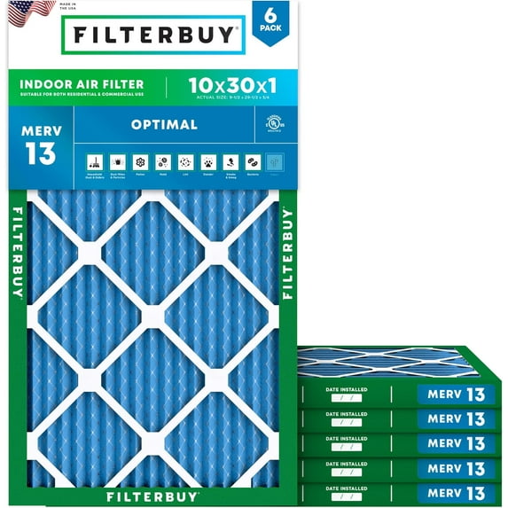 Filterbuy 10x30x1 Air Filter MERV 13 Smoke Defense, Pleated HVAC AC Furnace Filter Replacement, 6-Pack