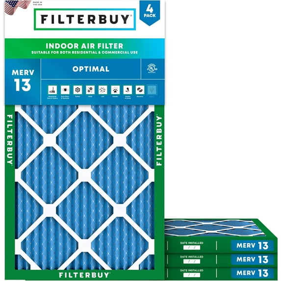 Filterbuy 10x33x1 Air Filter MERV 13 Smoke Defense, Pleated HVAC AC Furnace Filter Replacement, 4-Pack
