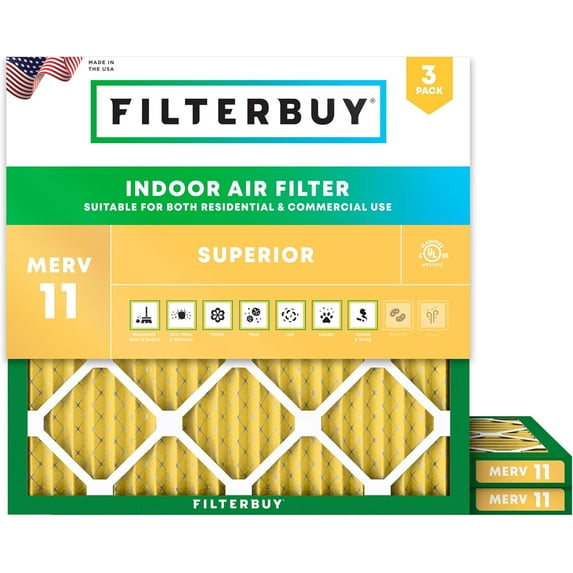 Filterbuy 11.25x11.25x1 Air Filter MERV 11 Allergy Defense, Pleated HVAC AC Furnace Filter Replacement, 3-Pack