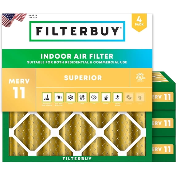 Filterbuy 11.25x11.25x4 Air Filter MERV 11 Allergy Defense, Pleated HVAC AC Furnace Filter Replacement, 4-Pack