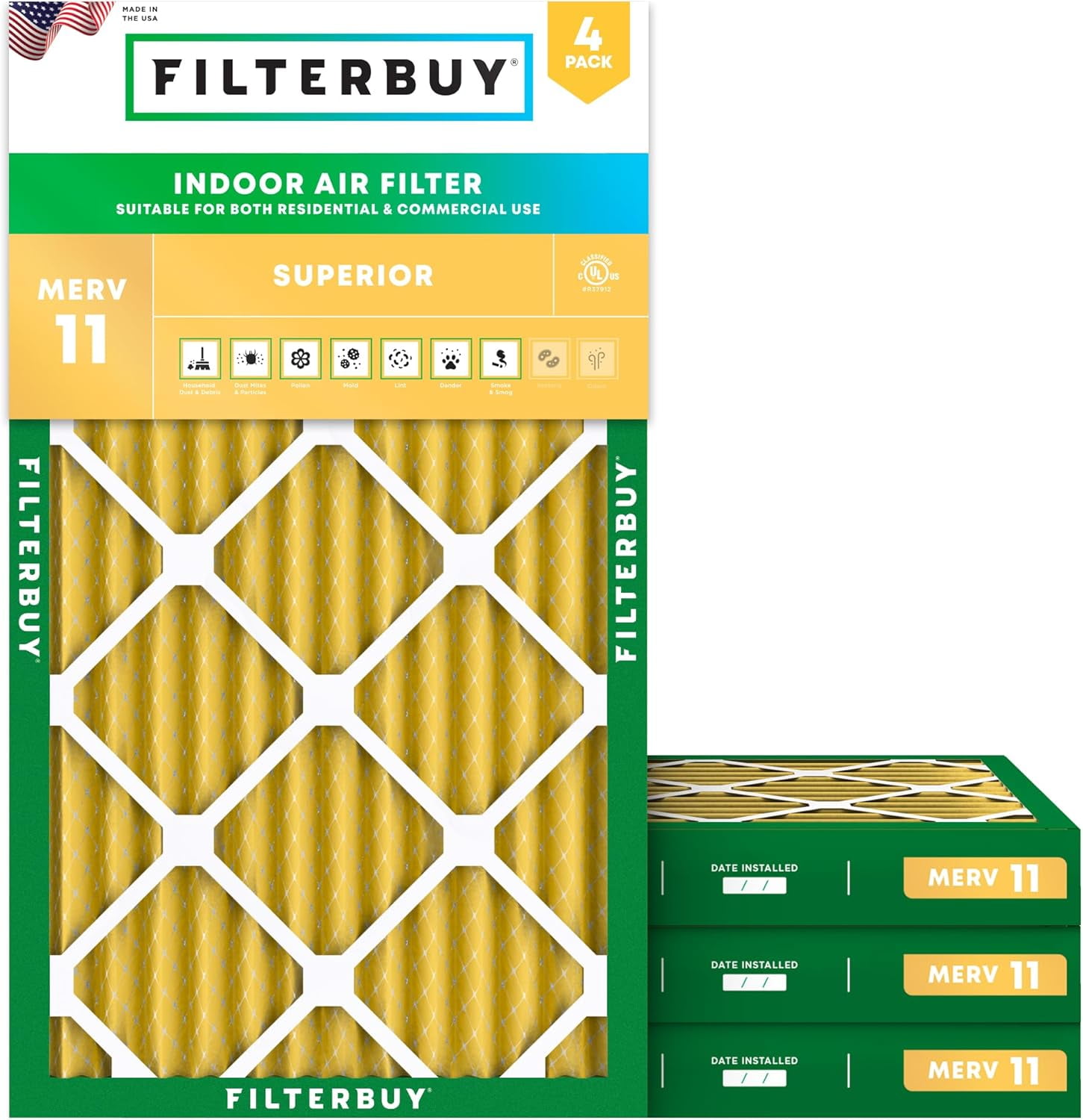 Filterbuy 11.25x23.25x2 Air Filter MERV 11 Allergy Defense, Pleated HVAC AC Furnace Filter Replacement, 4-Pack