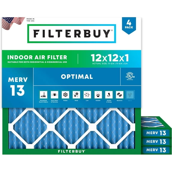 Filterbuy 12x12x1 MERV 13 Health Defense, Pleated HVAC AC Furnace Air Filters (4-Pack)