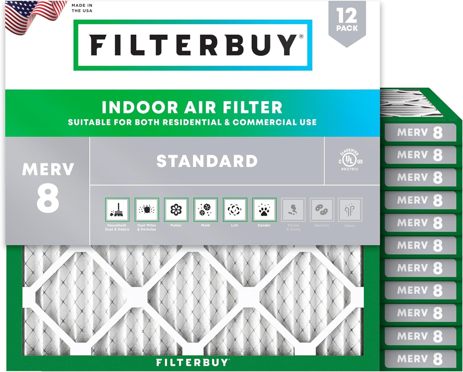 Filterbuy 12x12x1 Air Filter MERV 8 Dust Defense, Pleated HVAC AC Furnace Filter Replacement, 12-Pack
