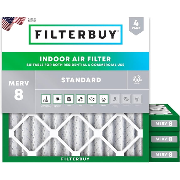Filterbuy 12x12x2 Air Filter MERV 8 Dust Defense, Pleated HVAC AC Furnace Filter Replacement, 4-Pack