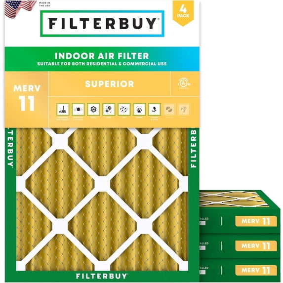 Filterbuy 12x16x2 Air Filter MERV 11 Allergy Defense, Pleated HVAC AC Furnace Filter Replacement, 4-Pack