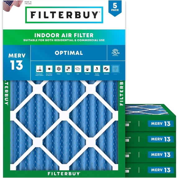 Filterbuy 12x16x2 Air Filter MERV 13 Smoke Defense, Pleated HVAC AC Furnace Filter Replacement, 5-Pack