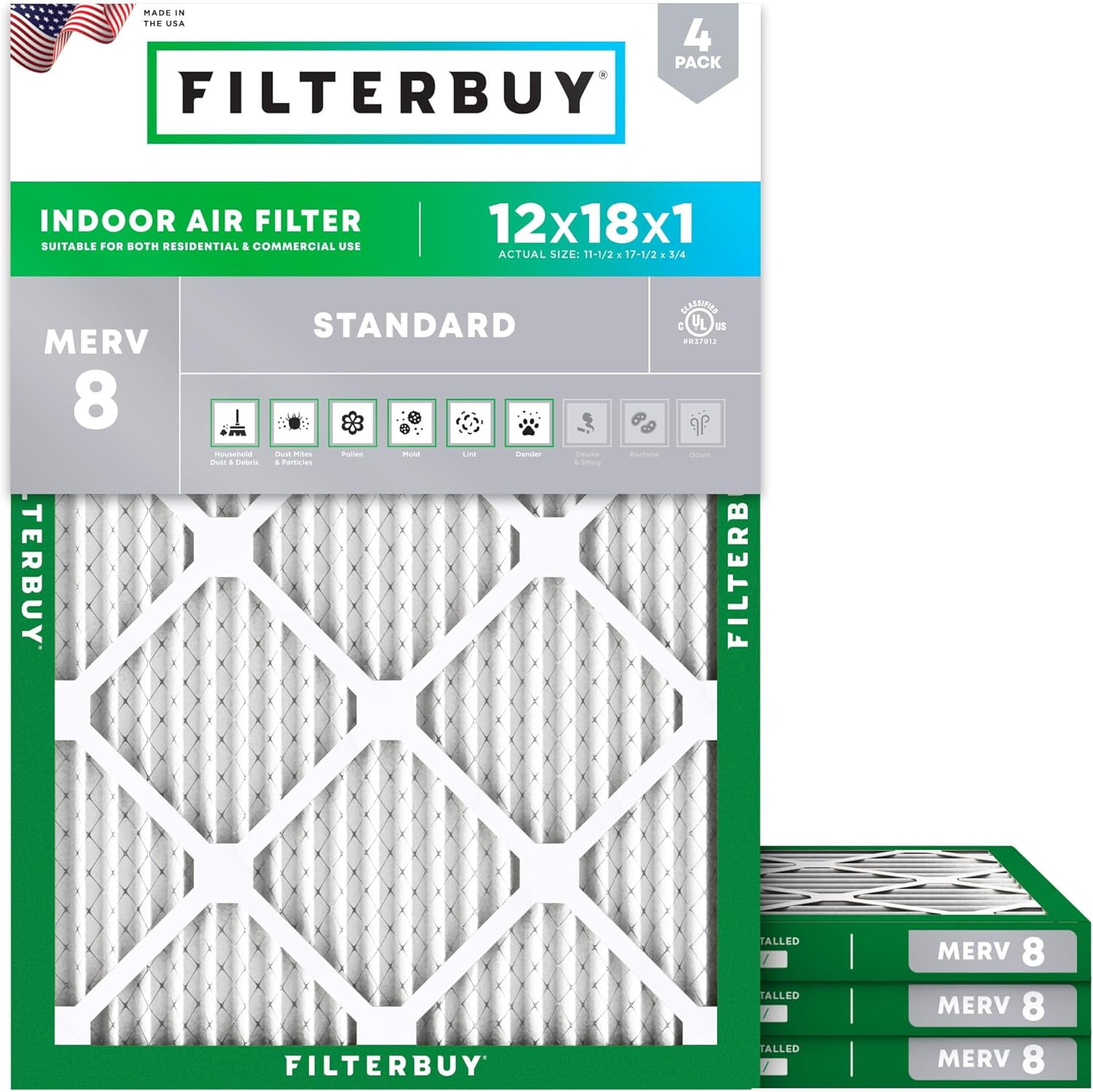 Filterbuy 12x18x1 Air Filter MERV 8 Dust Defense, Pleated HVAC AC Furnace Filter Replacement, 4-Pack