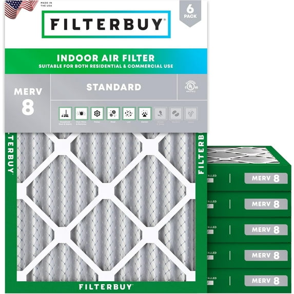 Filterbuy 12x18x2 Air Filter MERV 8 Dust Defense, Pleated HVAC AC Furnace Filter Replacement, 6-Pack