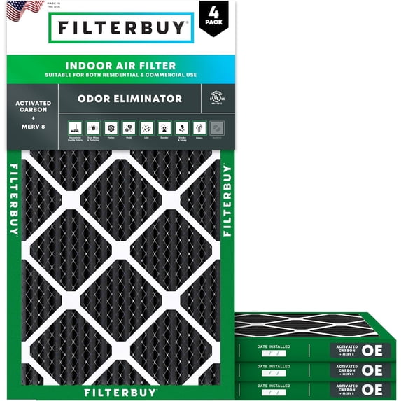 Filterbuy 12x20x1 Air Filter MERV 10 Odor Defense, Pleated HVAC AC Furnace Filter Replacement, 4-Pack