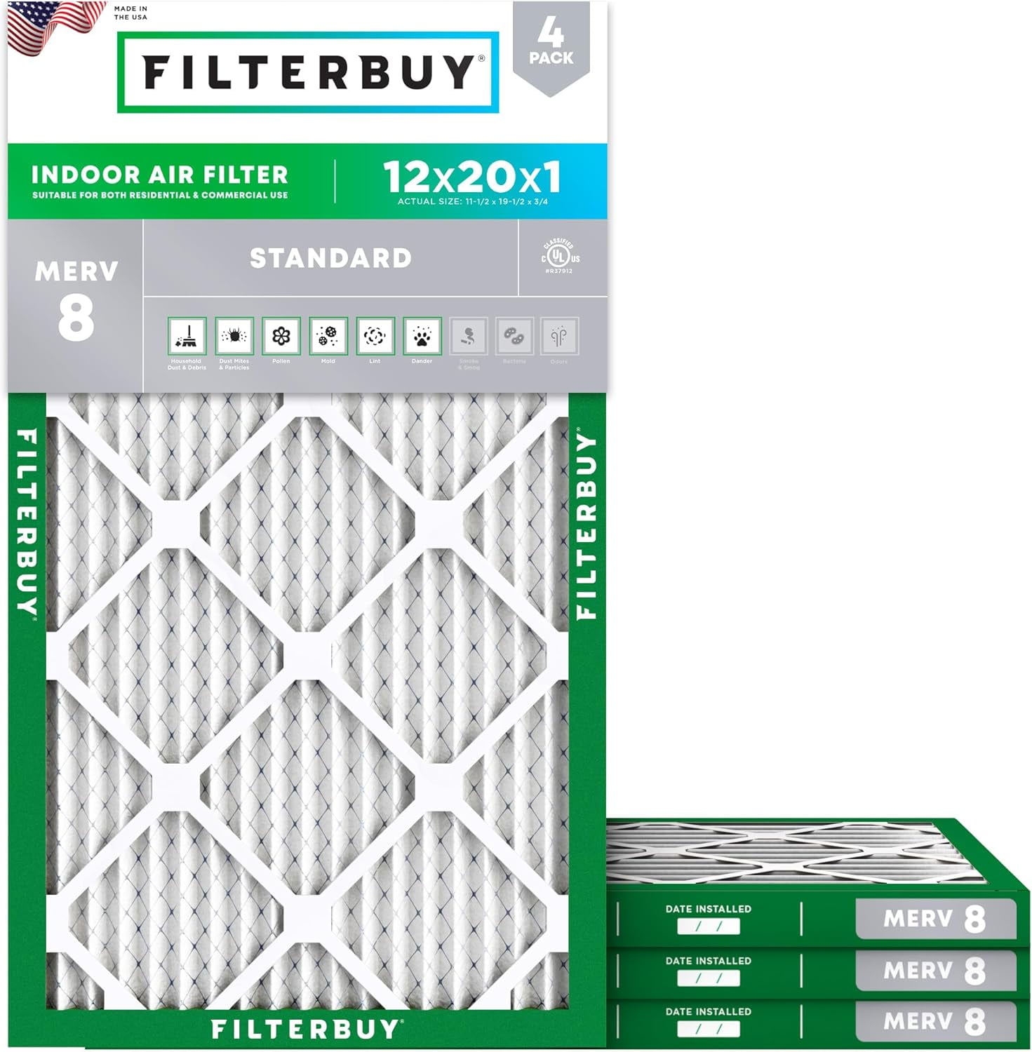 Filterbuy 12x20x1 Air Filter MERV 8 Dust Defense, Pleated HVAC AC Furnace Filter Replacement, 4-Pack