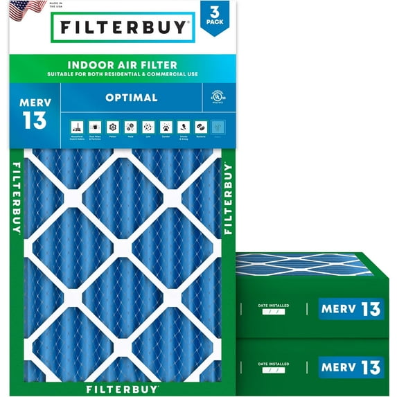 Filterbuy 12x20x4 Air Filter MERV 13 Smoke Defense, Pleated HVAC AC Furnace Filter Replacement, 3-Pack